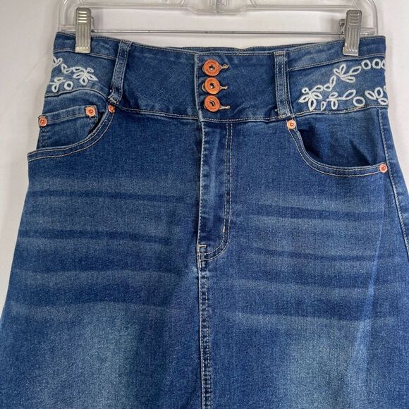 Fashion Denim Homme Maxi Jean Skirt Embroidered Waistband Aline Size Large - Picture 3 of 11